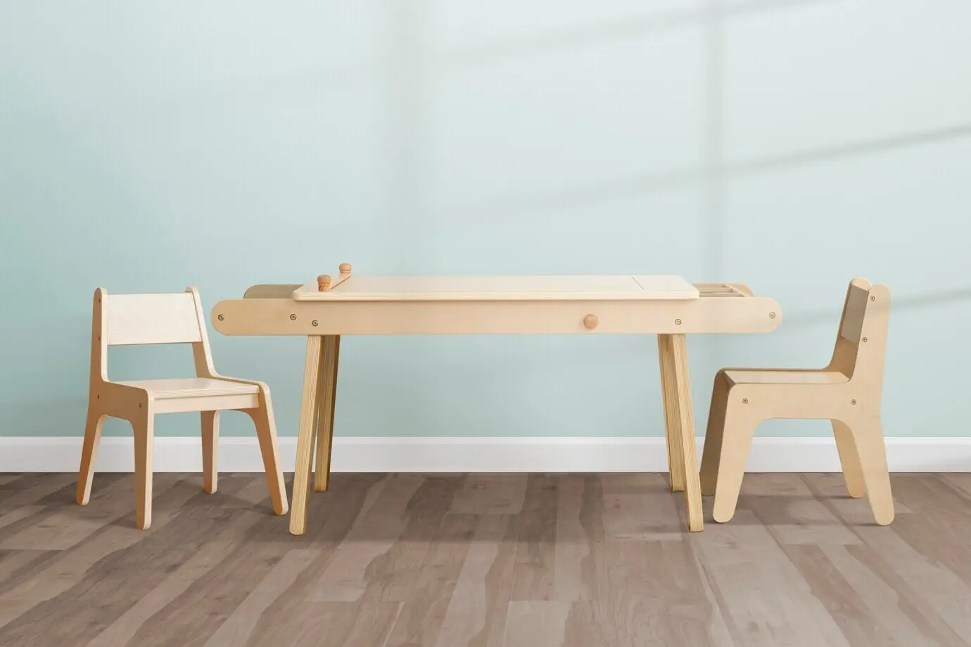 Inneneinrichtung eines Kinderesszimmers in moderner Pastellästhetik.